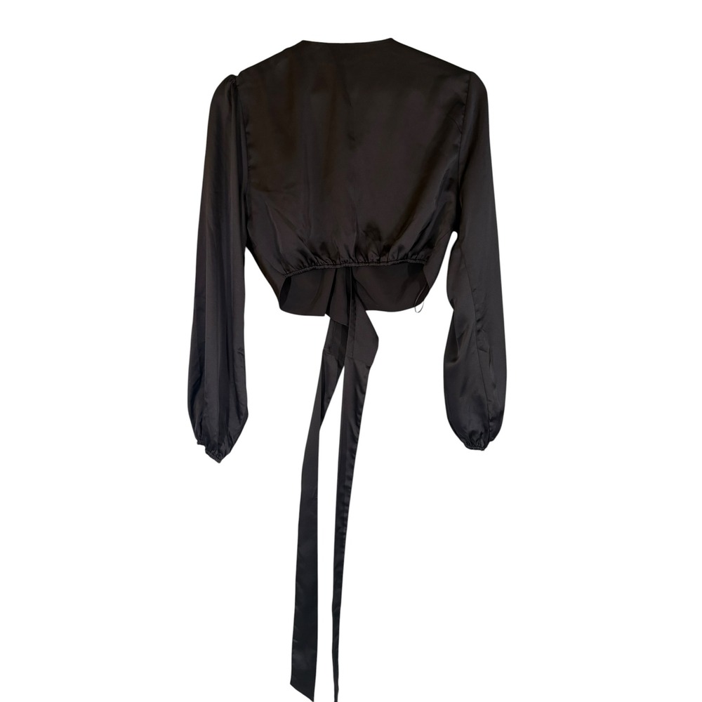 NWT Abercrombie & Fitch Black Satin Long Sleeve Wrap Crop Top S Minimalist Glam - Picture 9 of 10